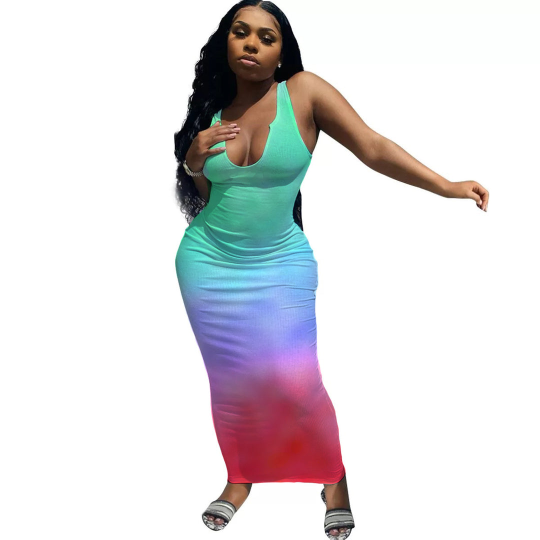 Damen Maxikleid mit tiefem Ausschnitt und Farbverlauf R&B