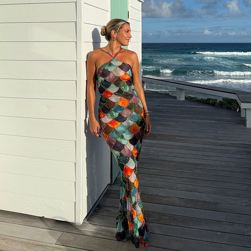 Damen elegantes Trägerkleid mit einzigartigem Schuppenmuster