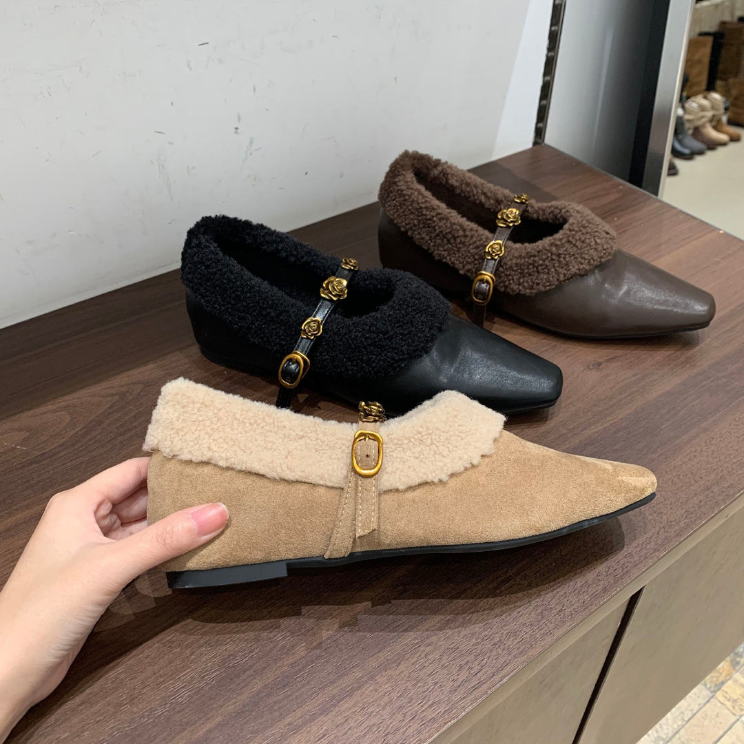 Damen elegante Slipper mit dekorativem Kunstfellkragen und goldenen Akzenten R&B