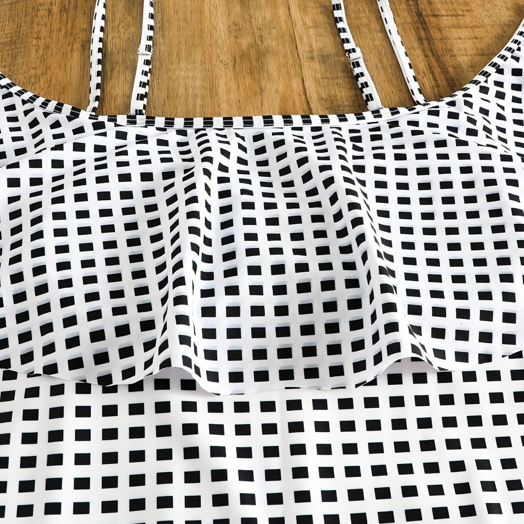 Damen Badeanzug-Set mit Rüschendetails und elegantem Karomuster R&B