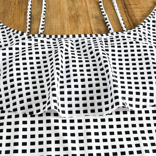 Damen Badeanzug-Set mit Rüschendetails und elegantem Karomuster R&B