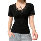 Damen Elegantes Spitzen-T-Shirt mit V-Ausschnitt und Kurzarm R&B