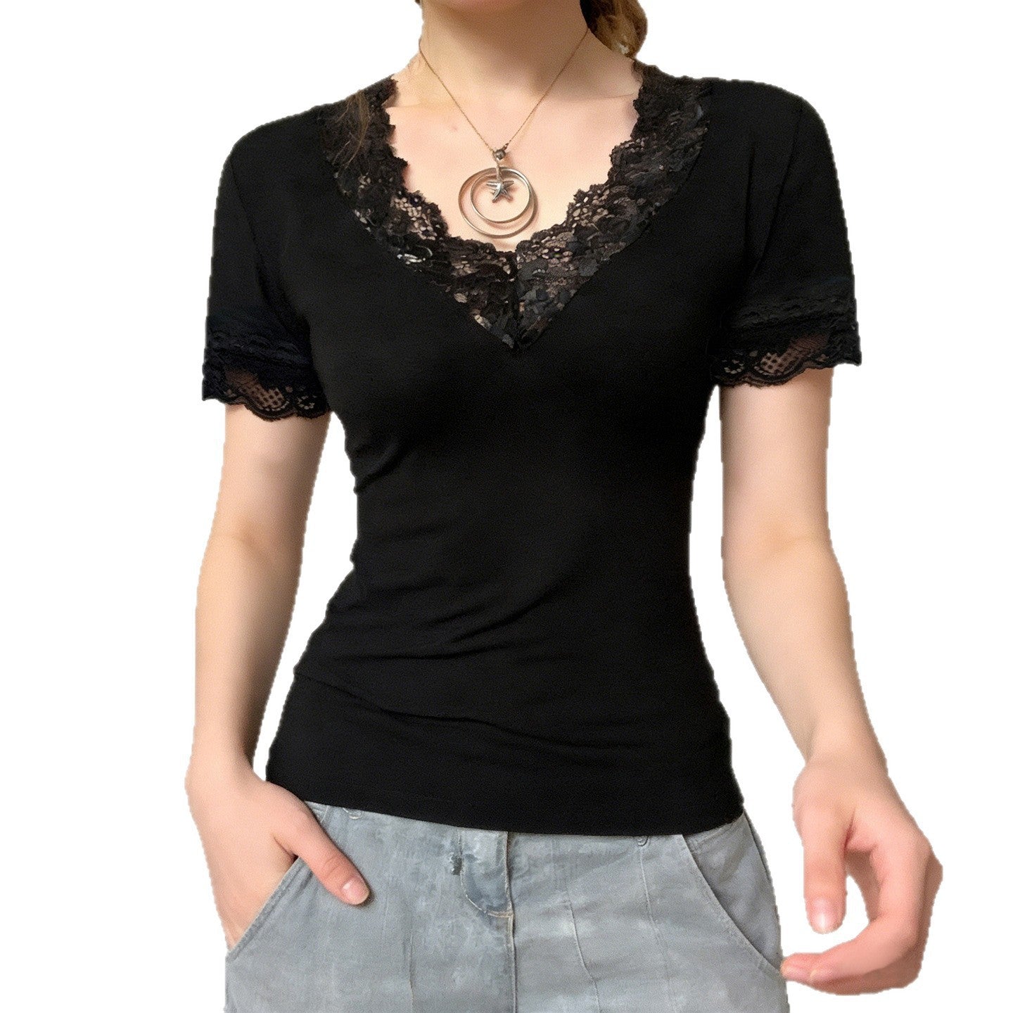 Damen Elegantes Spitzen-T-Shirt mit V-Ausschnitt und Kurzarm R&B