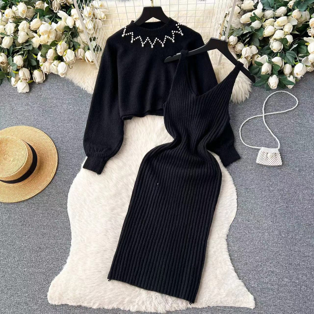 Damen Elegantes Strickkleid mit raffinierter Ribstruktur und stylischem Crop-Pullover R&B
