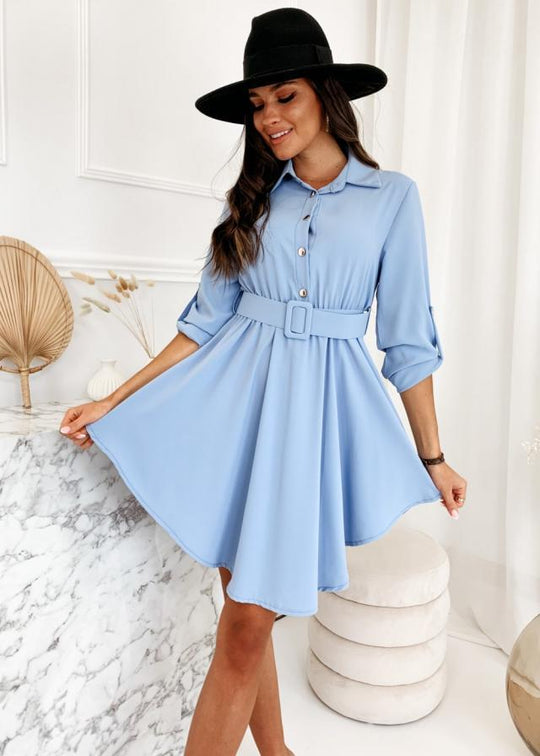 Damen Hemdblusenkleid mit taillierter Gürtel und asymmetrischem Saum R&B