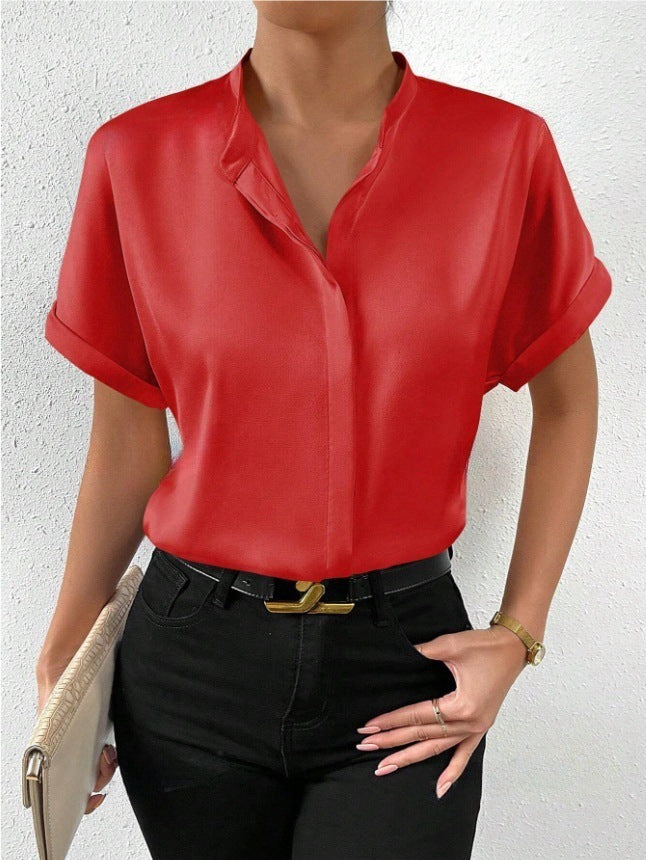 Damen elegante Kurzarmbluse mit asymmetrischem Kragen R&B