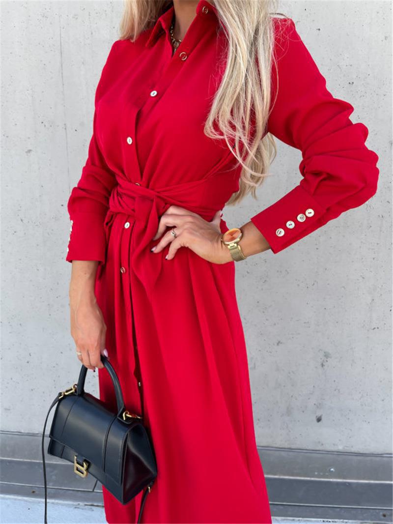 Damen Lange Hemdbluse mit Bindegürtel und elegantem Material R&B