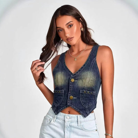 Damen Denim Bustier-Jacke mit Knopfdetails und aufgesetzten Taschen R&B