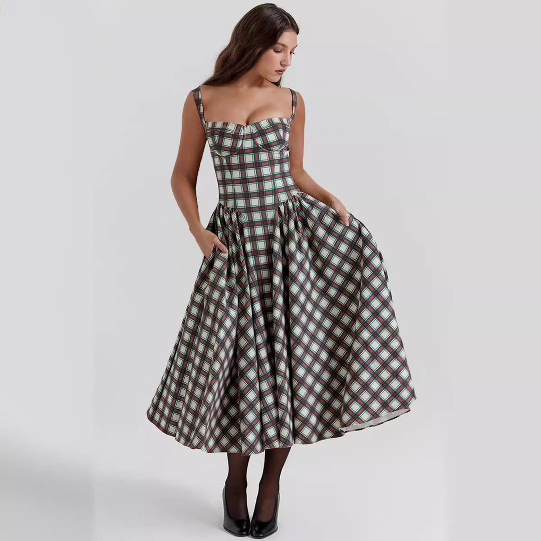 Damen Midikleid im Karomuster mit strukturiertem Oberteil und voluminösem Rock R&B