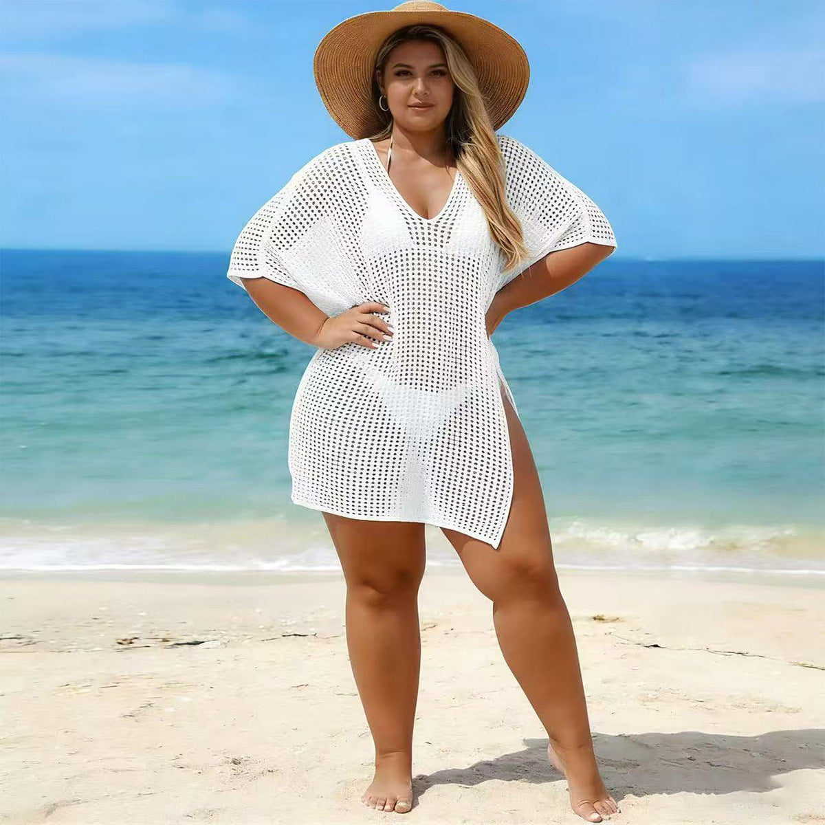 Damen luftiger Strandüberwurf mit V-Ausschnitt und seitlichem BindR&Band R&B