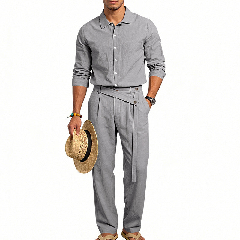 Herren nan eleganter Leinen-Zweiteiler mit Hemd und Hose mit hohem Bund und Bindegürtel R&B