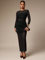 Damen nan schmalgeschnittenes Mesh-Midikleid mit langen Ärmeln, Taillenraffung und semitransparenter Rockbahn R&B