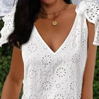 Damen nan romantisches Lochstickerei-Sommerkleid mit V-Ausschnitt und Bindeschultern R&B