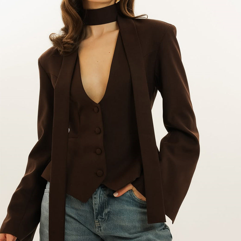 Damen taillierte Blazer-Top mit schmalem Kragen R&B