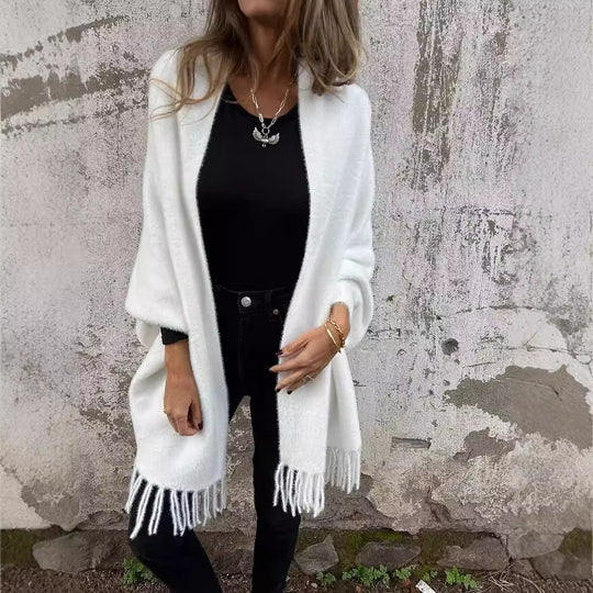 Damen Kuscheliger Strickponcho mit Fransen R&B