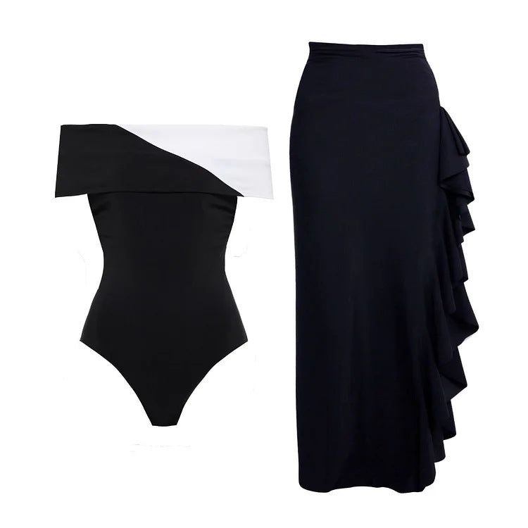 Damen eleganter Einteiler mit raffiniertem Transparentstreifen und voluminösem Maxi-Rock R&B