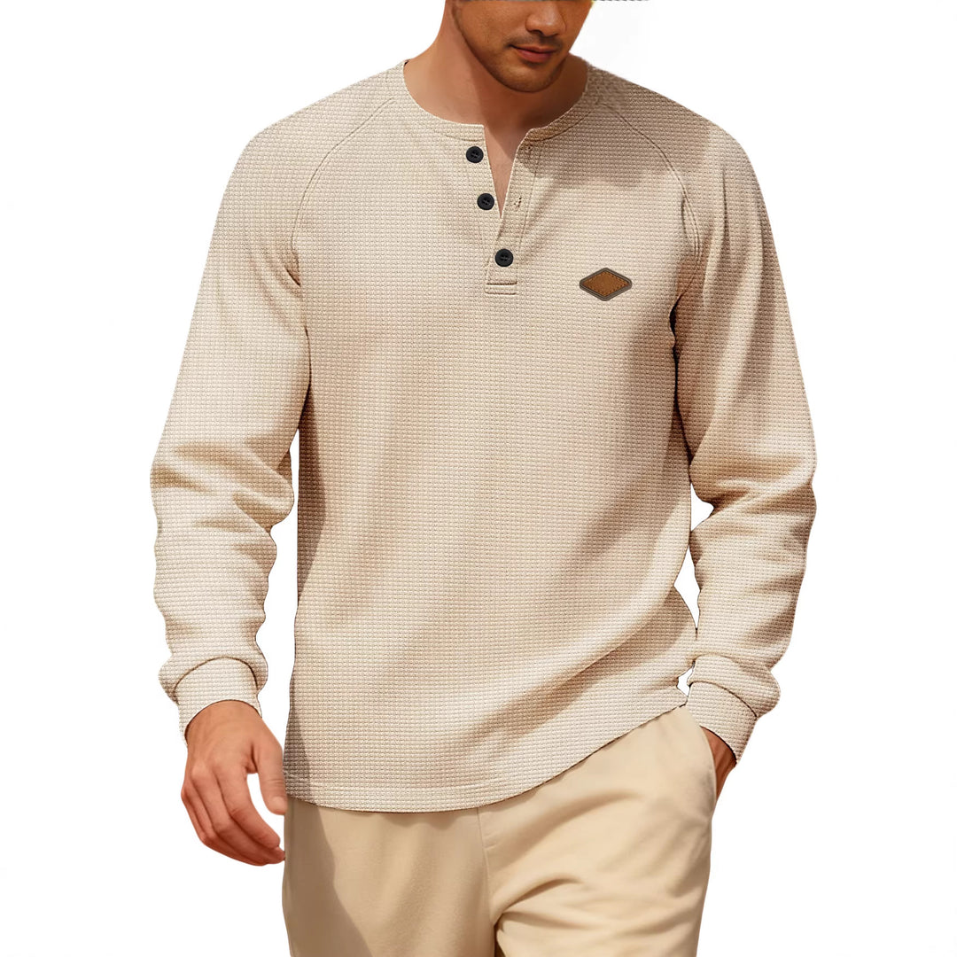 Herren nan Waffelstrick-Henley Langarmshirt mit Raglanärmeln, Halbknopfleiste und Lederlabel R&B