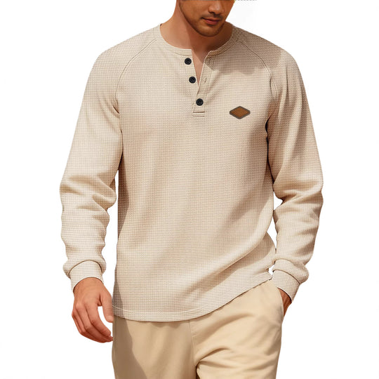 Herren nan Waffelstrick-Henley Langarmshirt mit Raglanärmeln, Halbknopfleiste und Lederlabel R&B