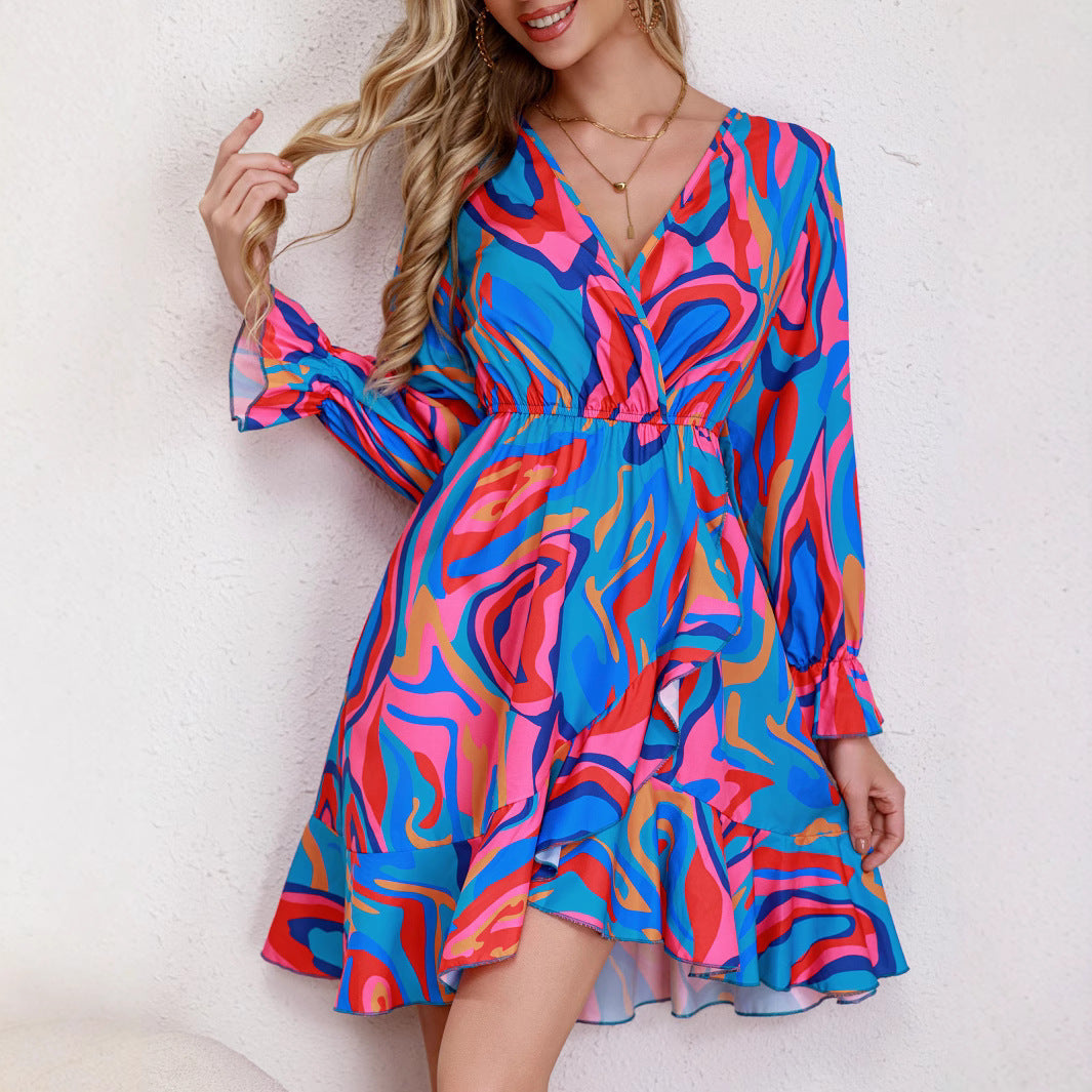 Damen Kurzes Kleid mit Wickeldesign und fröhlichem Muster R&B