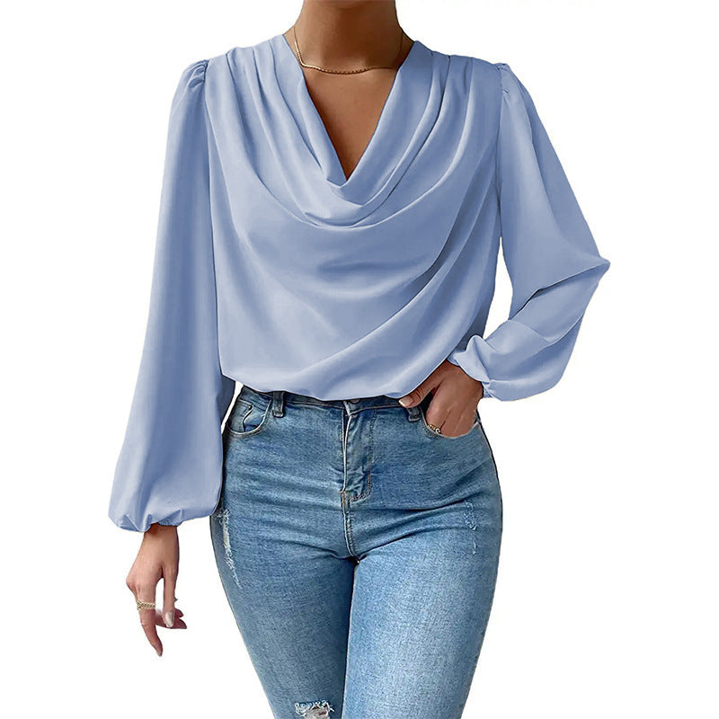 Damen elegante Bluse mit asymmetrischem Halsansatz und langen Ärmeln R&B