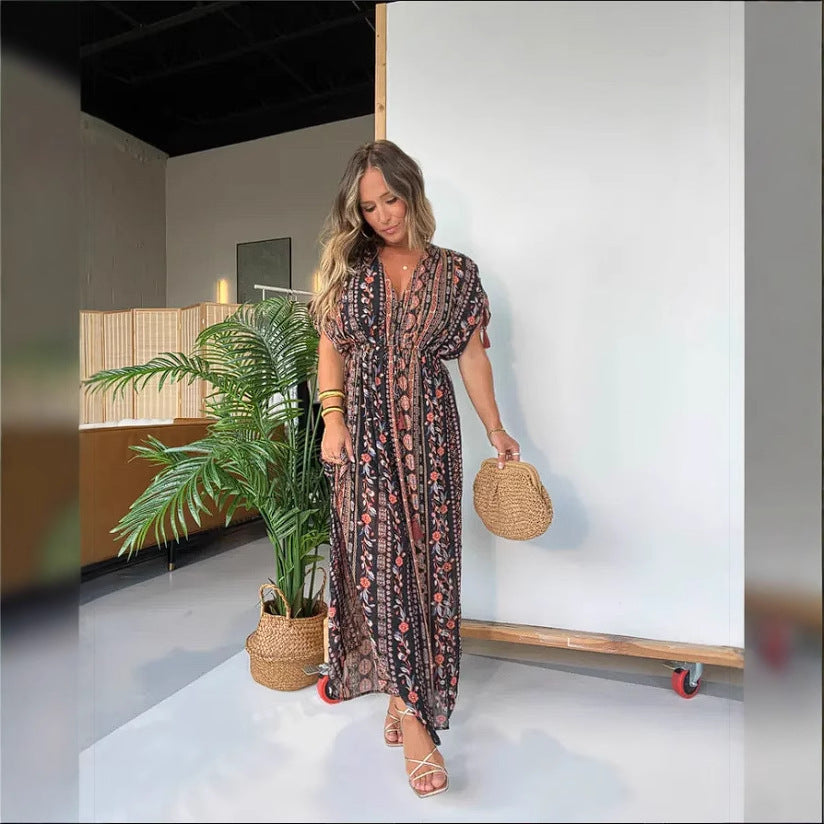 Damen elegantes Maxikleid mit modischem Print und V-Ausschnitt R&B