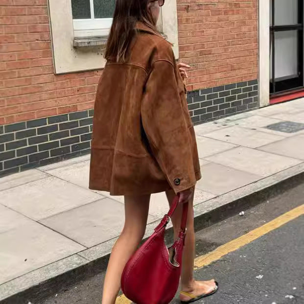 Damen Oversized Wildlederjacke mit Knopfdetails R&B