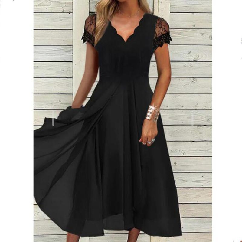 Damen Elegantes Cocktailkleid mit Spitzenärmeln und A-Linien Schnitt R&B