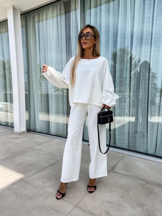 Damen elegantes Zweiteiliges Set mit oversize Bluse und weitem Hosen R&B