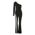 Damen figurbetontes Jumpsuit mit asymmetrischem Ausschnitt und netzseitigen Einsätzen R&B