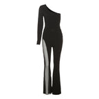 Damen figurbetontes Jumpsuit mit asymmetrischem Ausschnitt und netzseitigen Einsätzen R&B