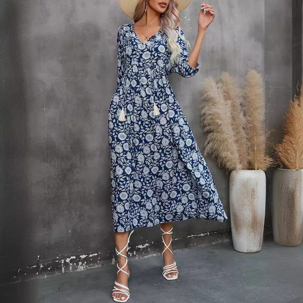 Damen Maxikleid mit grafischem Blumendesign und schwingendem Saum R&B