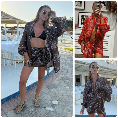 Damen Kimono-Jacke mit eleganter Bandana-Optik und taillierbarem Design R&B
