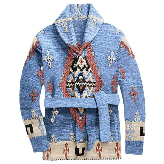 Damen gemütlicher Strickmantel mit dekorativem Muster und praktischem Gürtel R&B