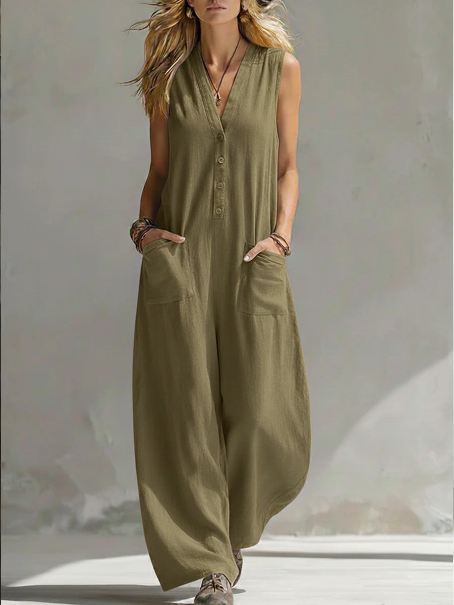 Damen Jumpsuit mit tiefem V-Ausschnitt und praktischen Taschen R&B