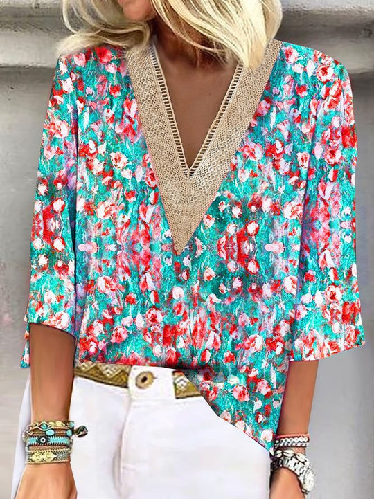 Damen Fashion Bluse mit V-Ausschnitt und Spitze R&B