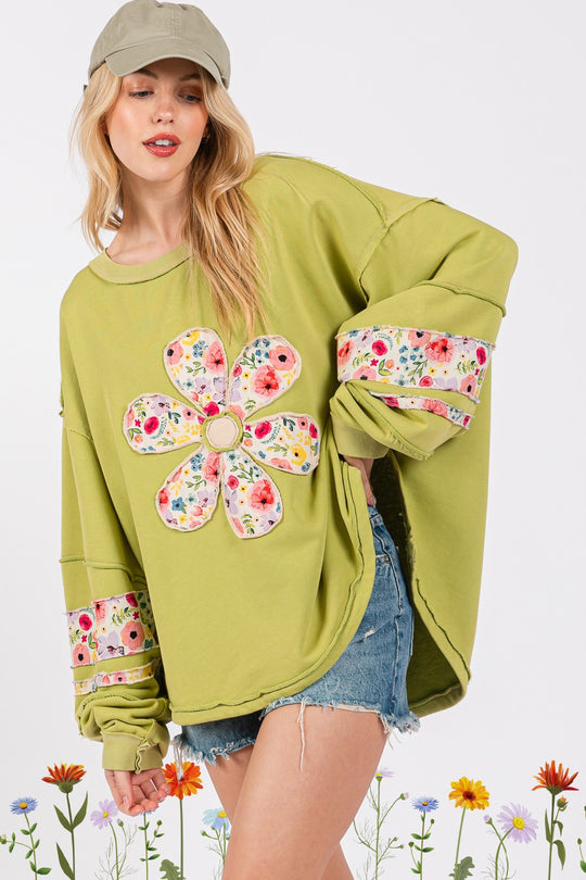 Damen lässiger Oversize-Pullover mit floralem Applikationsdesign R&B
