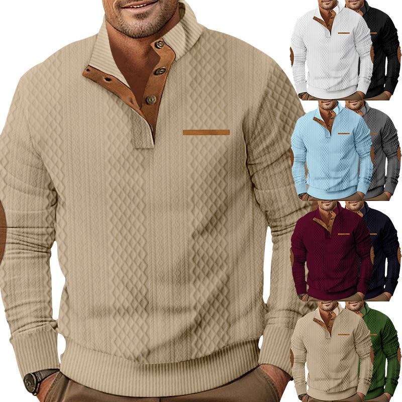 Herren nan strukturiertes Halbknopf-Pullover mit gesteppter Oberfläche, Ellbogen-Patches und Stehkragen R&B