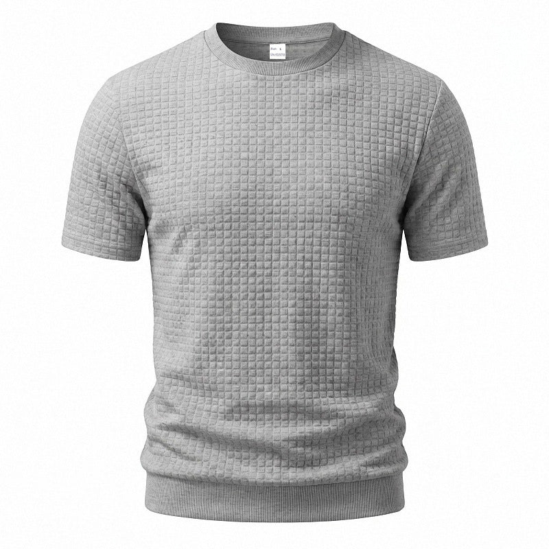 Herren nan kurzärmeliges Strickshirt mit geprägter Karostruktur, Rundhalsausschnitt und geripptem Saum R&B