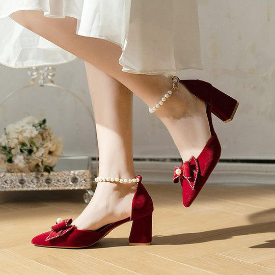 Damen elegante Pumps mit Perlenschleifen und Blockabsatz R&B