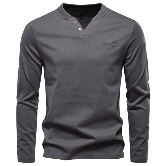 Herren nan tailliertes Langarmshirt im Henley-Stil mit kurzem V-Ausschnitt, Zierknöpfen und Brustleistentasche R&B