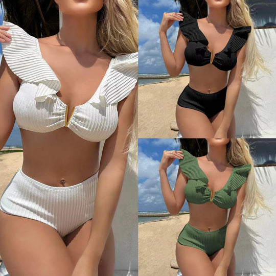 Damen Zweiteiler Bikini mit Rüschendesign und hohem Bund R&B