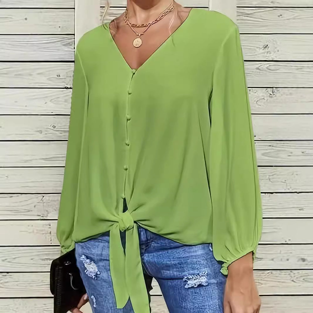 Damen elegante Bluse mit Knoten-Detail und V-Ausschnitt R&B