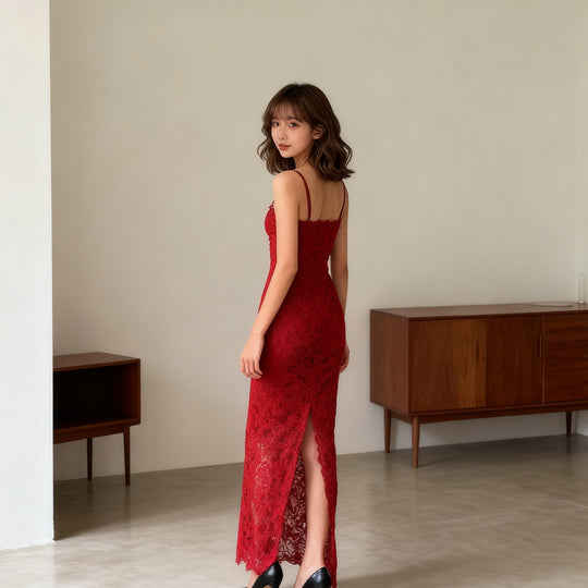 Damen Elegantes langes Spitzenkleid mit gerafftem Detail und schmalen Trägern R&B