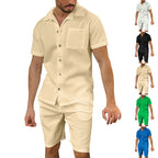 Herren nan lässiges zweiteiliges Freizeitset aus geripptem Jersey mit Hemdkragen Knopfleiste und Shorts R&B