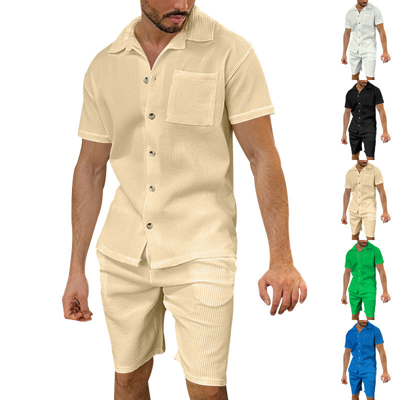 Herren nan lässiges zweiteiliges Freizeitset aus geripptem Jersey mit Hemdkragen Knopfleiste und Shorts R&B