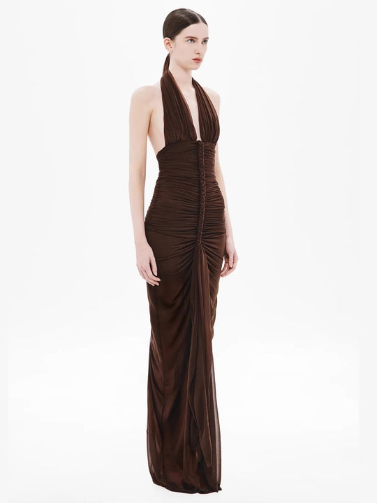 Damen Exquisites gerafftes Maxikleid mit tiefem V-Ausschnitt und eleganten Drapierungen R&B