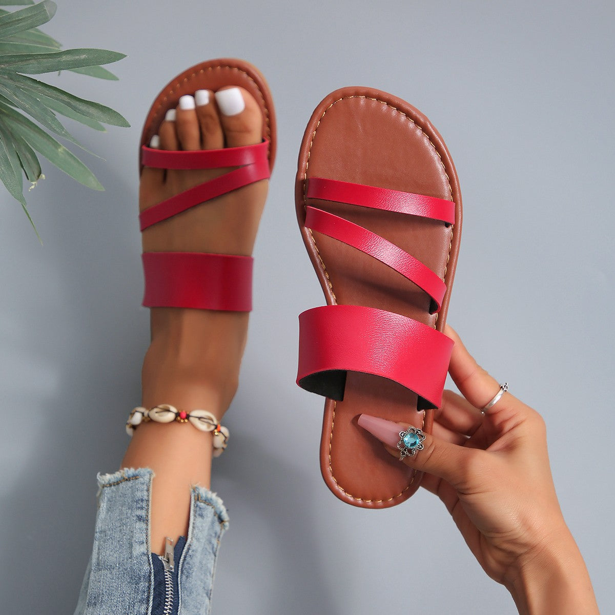 Damen Offene Sandalen mit breiten Riemen und ergonomischer Sohle R&B
