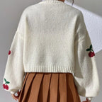 Damen Strickjacke mit verspielten Kirschstickereien und weitem Schnitt R&B