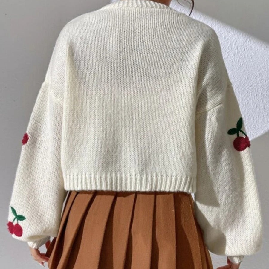 Damen Strickjacke mit verspielten Kirschstickereien und weitem Schnitt R&B