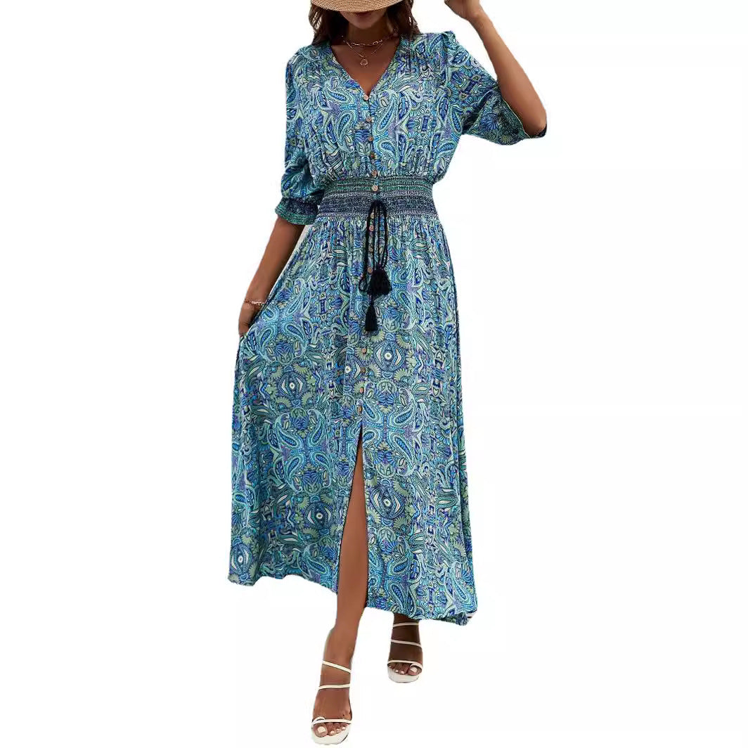 Damen Maxikleid mit abnehmbarem Taillengürtel und kunstvollem Muster R&B